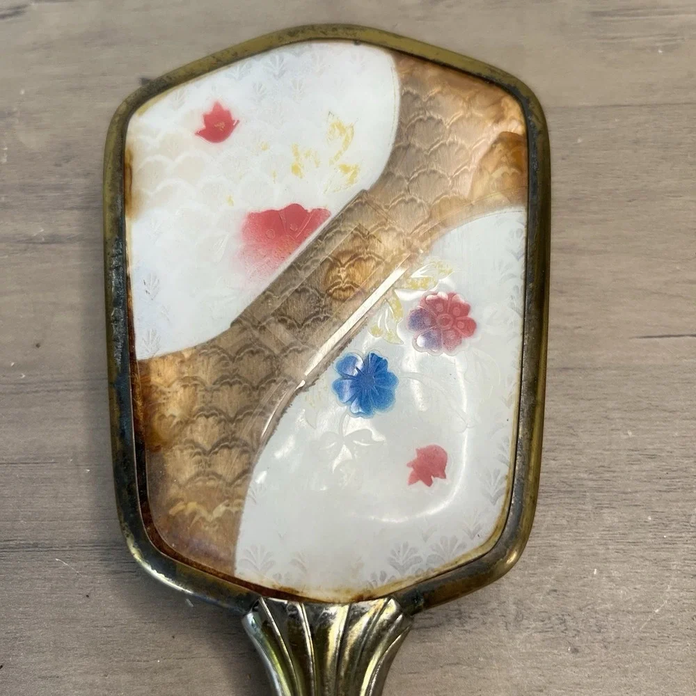 Vintage Floral Vanity Hairbrush – Gold Handle & Embossed Back –‎ 1950s-60s